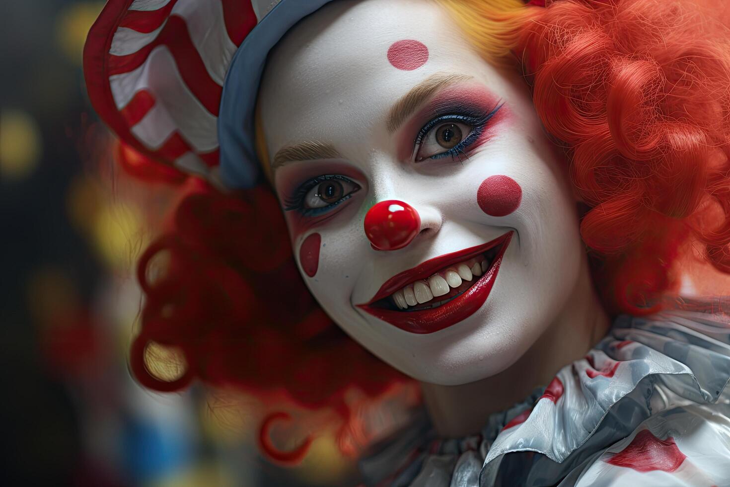 Smiling clown with red hair and makeup photo