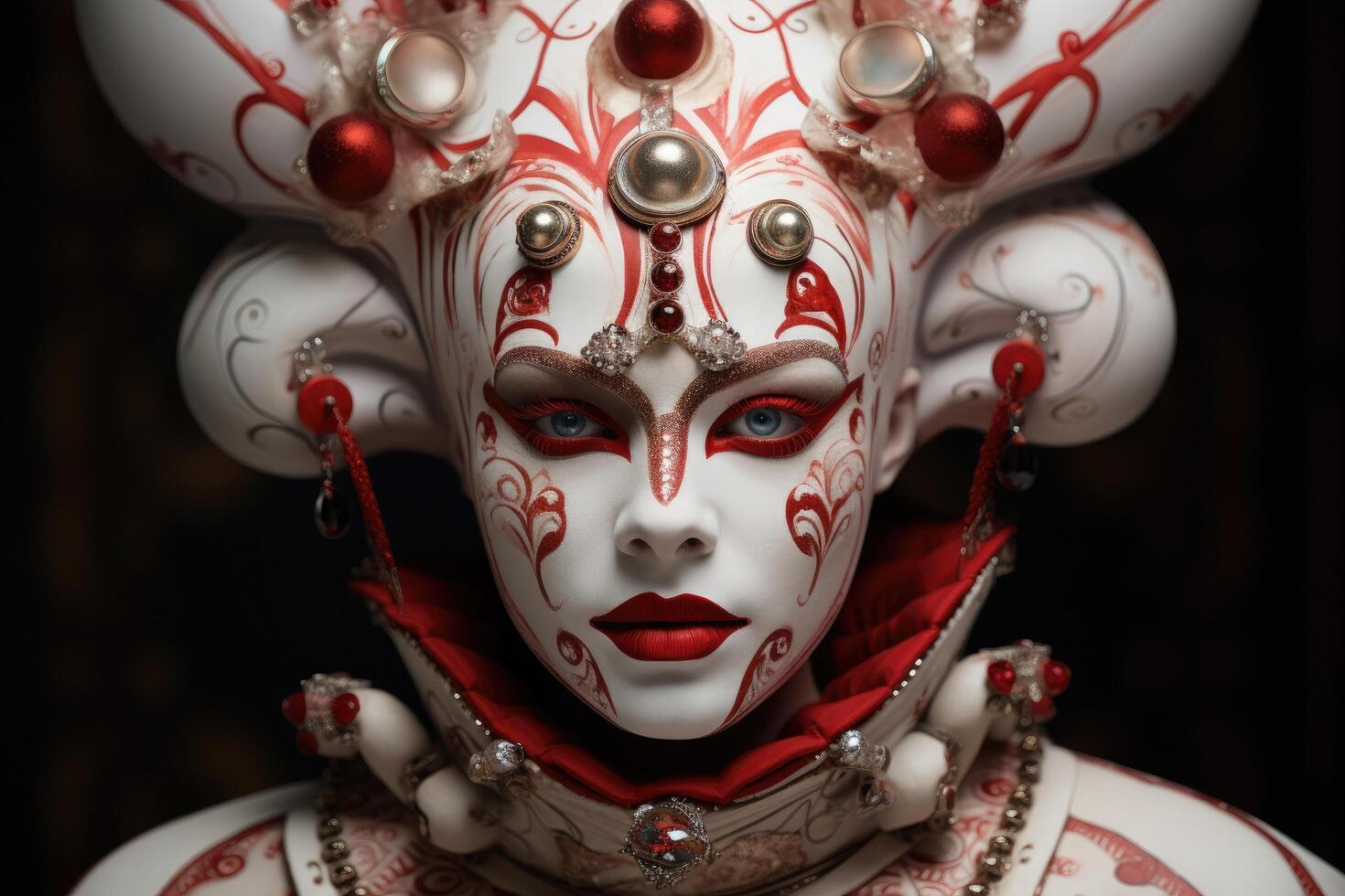 Ornate Theatrical Mask with Intricate Red and White Design photo