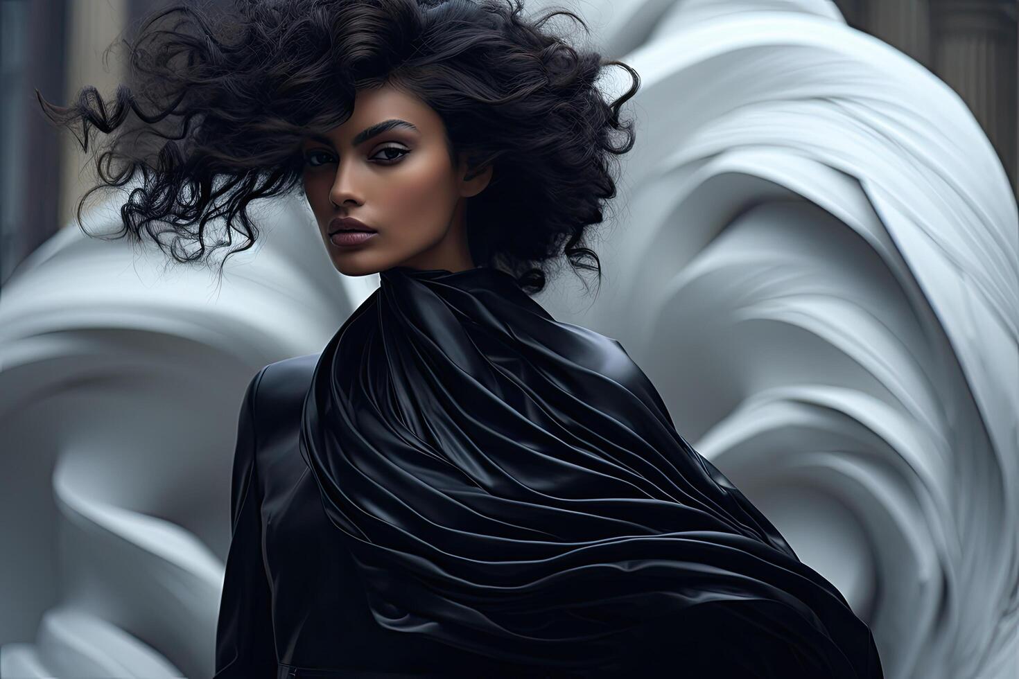 Dramatic portrait of a woman with curly dark hair in a black dress photo