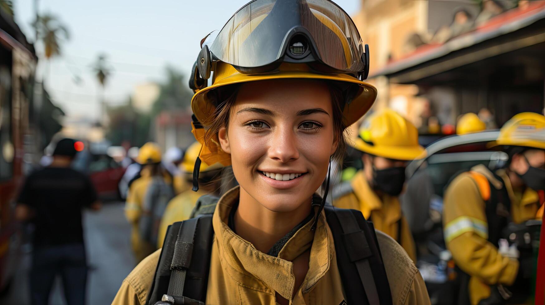 smiling firefighter in protective gear photo