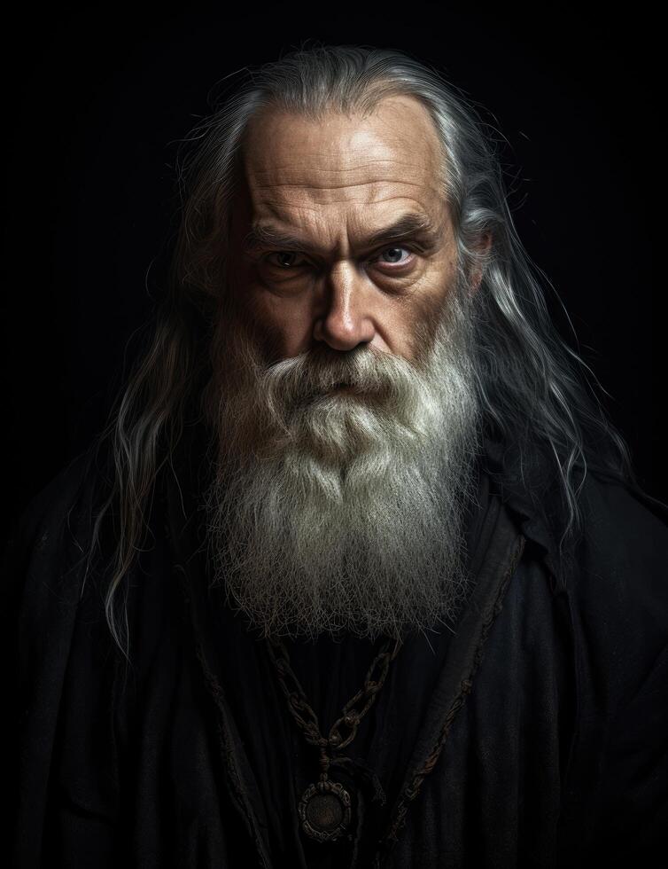 Mysterious old man with long beard and intense gaze photo