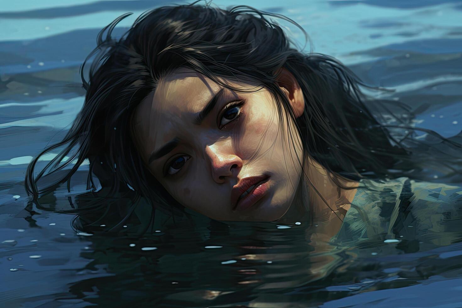 woman with wet dark hair in the ocean photo