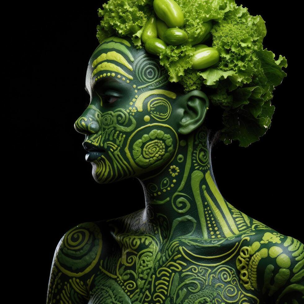 Artistic body painting with green leaves photo