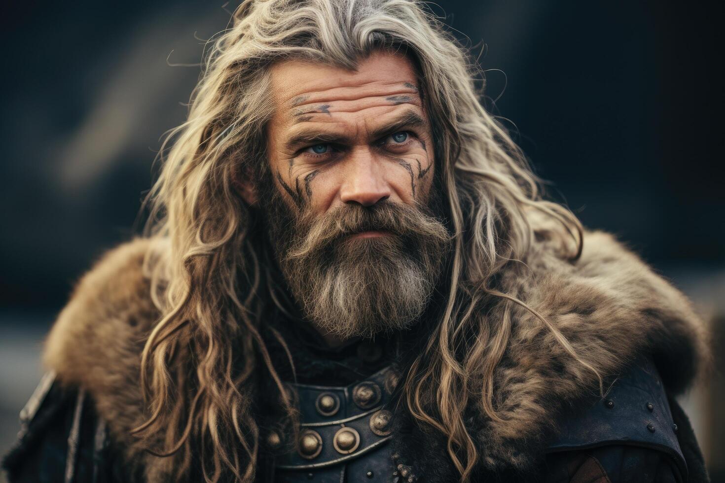 Rugged bearded man with long hair and face paint photo