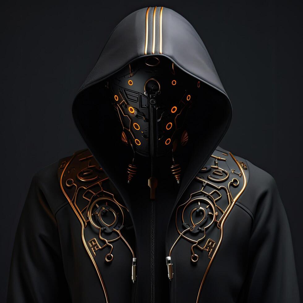 Futuristic hooded figure with glowing circuit patterns photo