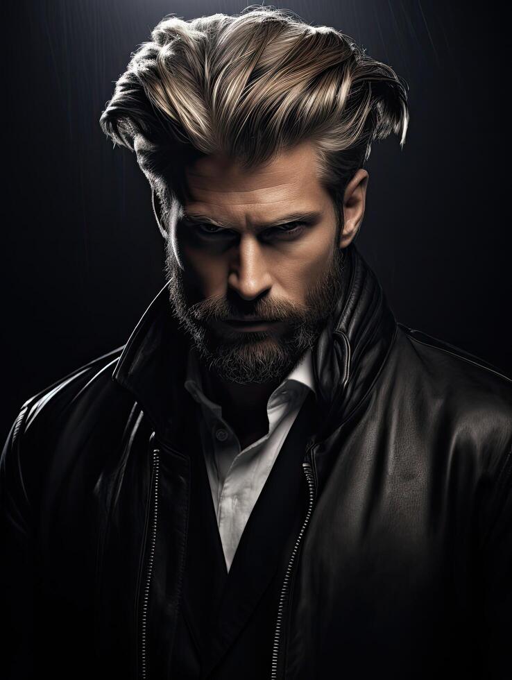 Serious man with beard and stylish hairstyle photo