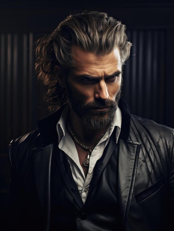 Dramatic portrait of a rugged, bearded man in a leather jacket photo