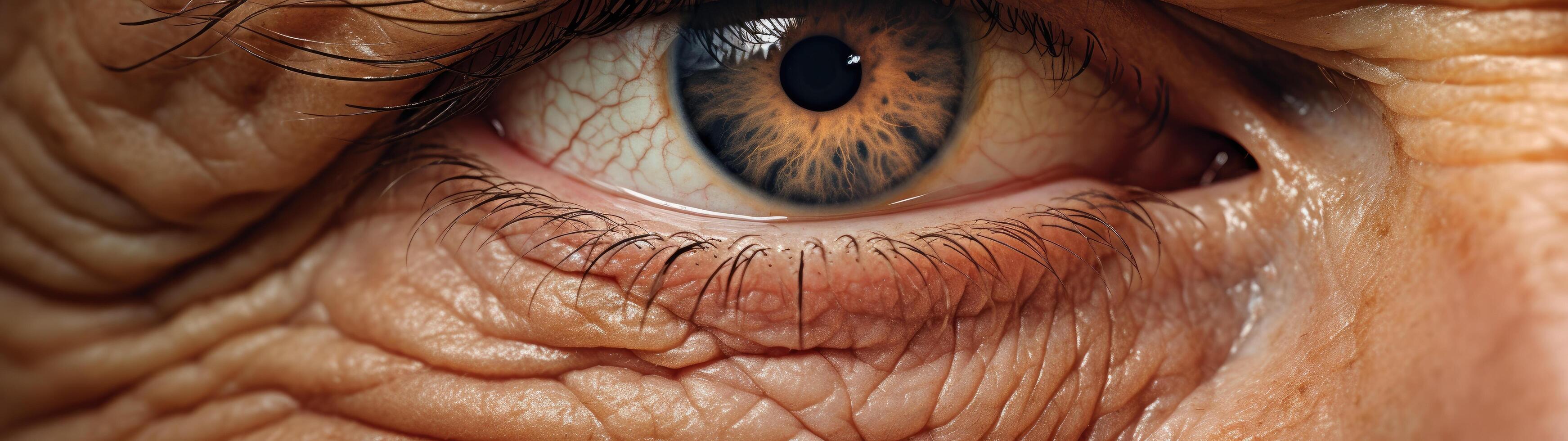 close up of a human eye with a vibrant orange iris photo