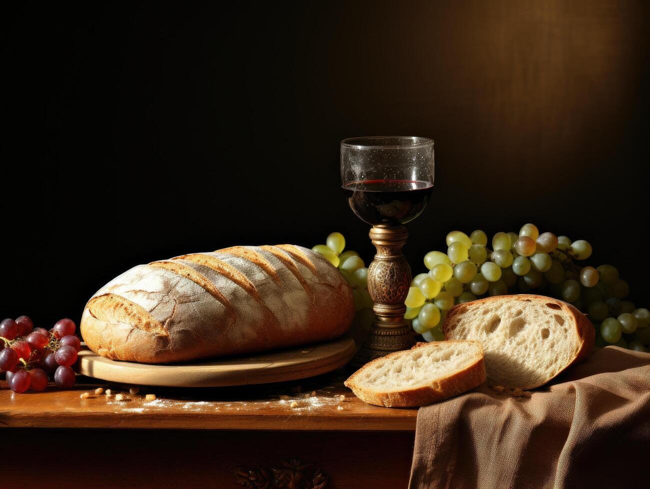 Rustic bread and wine still life photo