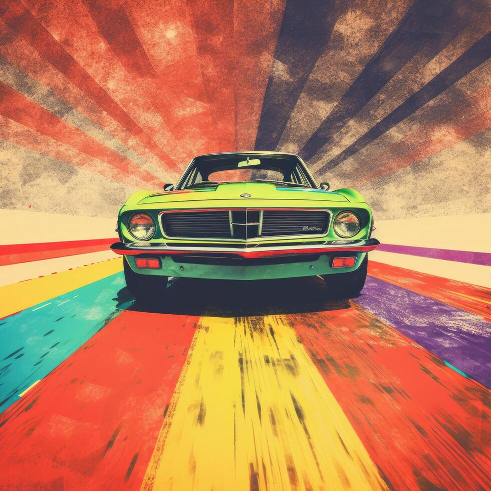 Retro muscle car speeding down a colorful road photo