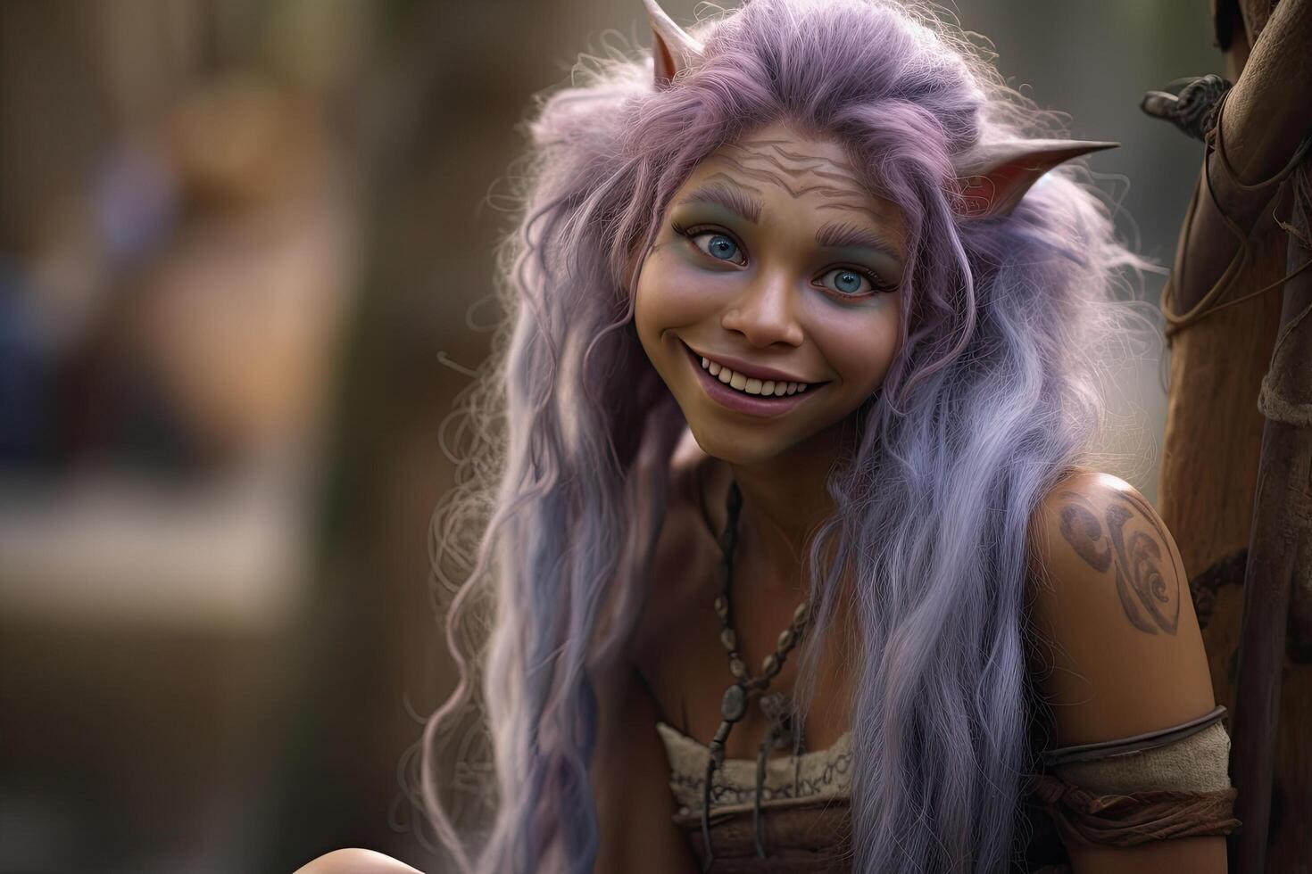 Smiling fantasy creature with purple hair and face paint photo