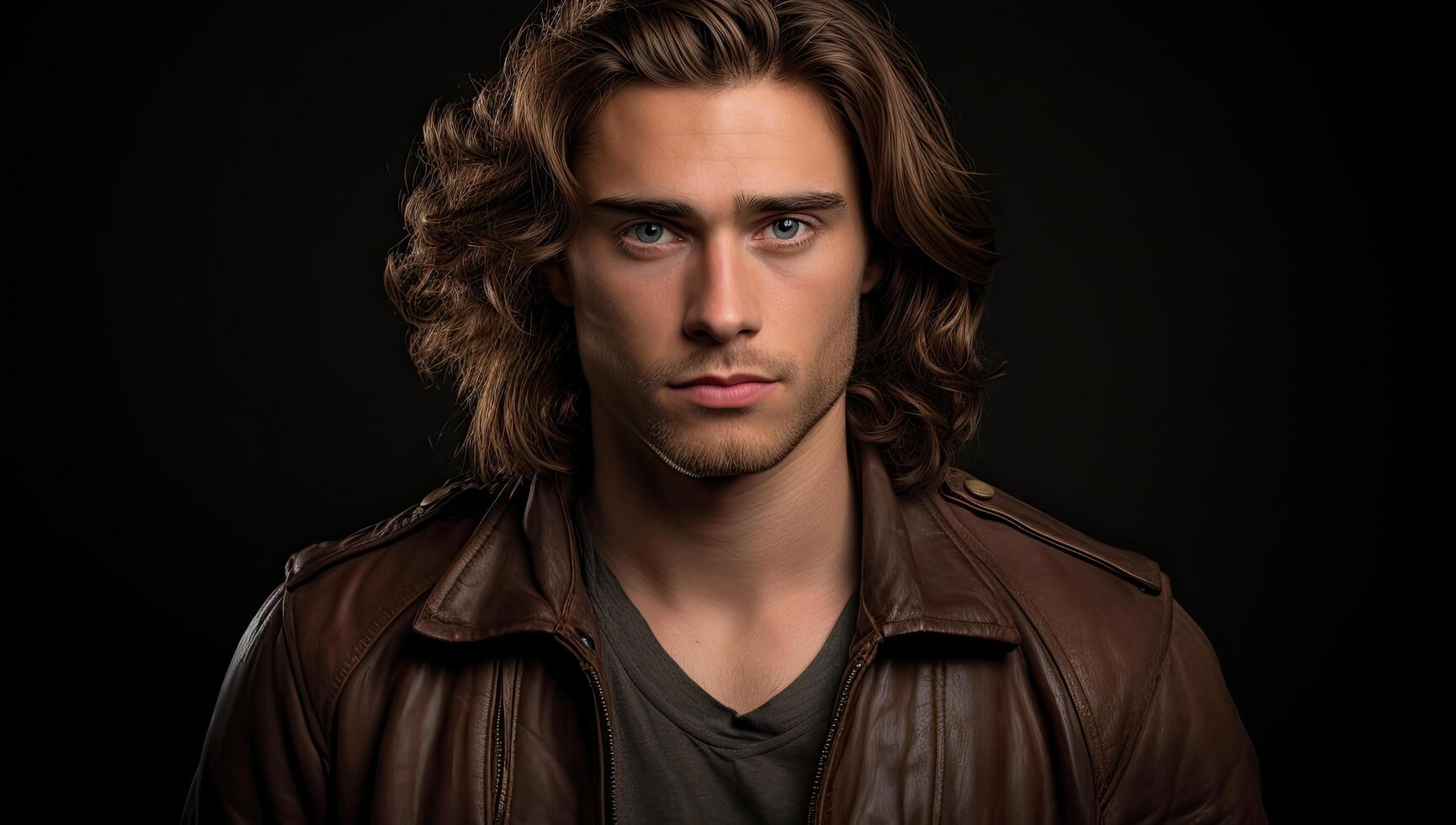 Handsome man with long curly hair in leather jacket photo