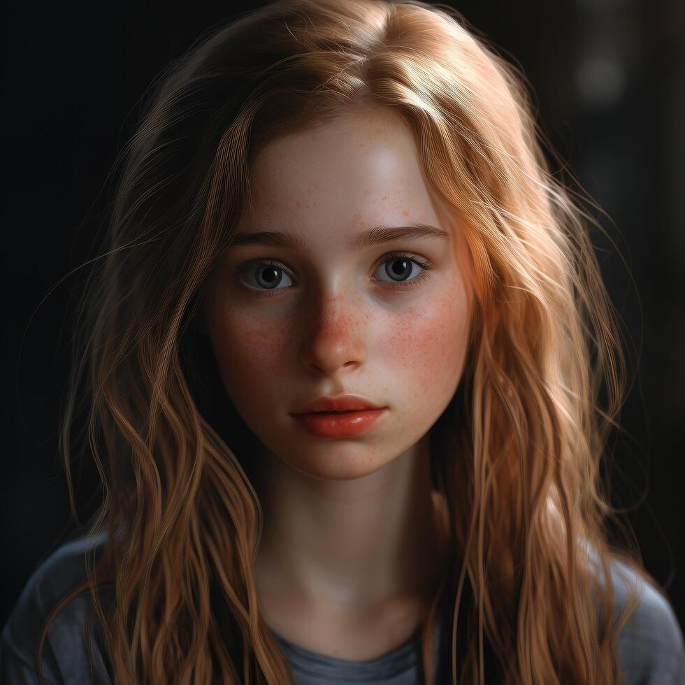 Thoughtful young woman with blonde hair and freckles photo