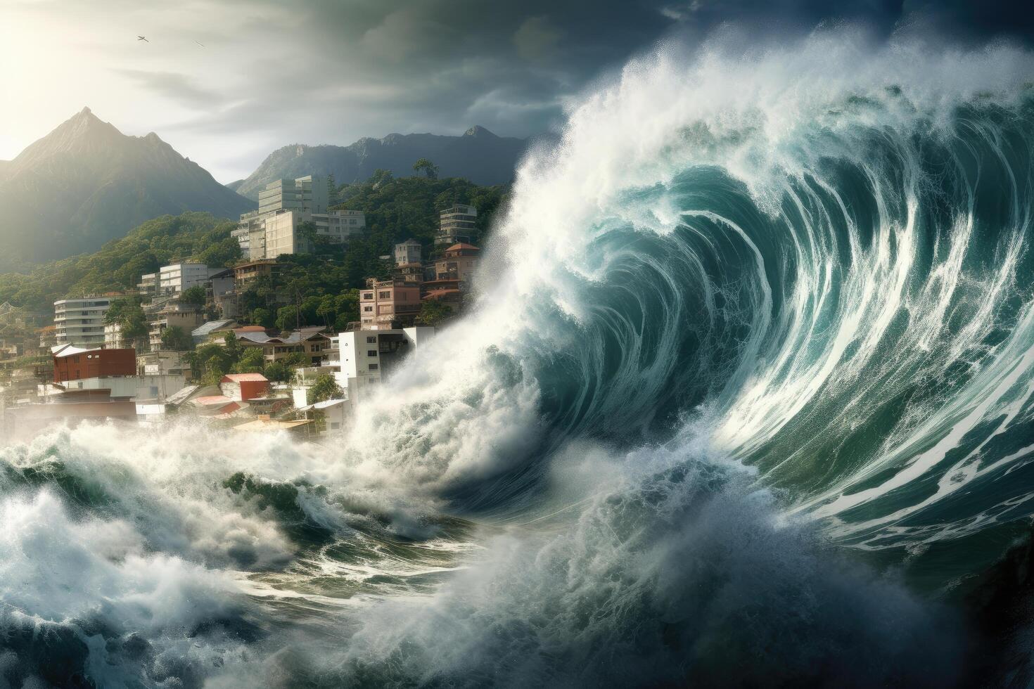 Powerful ocean wave crashing against coastal city photo