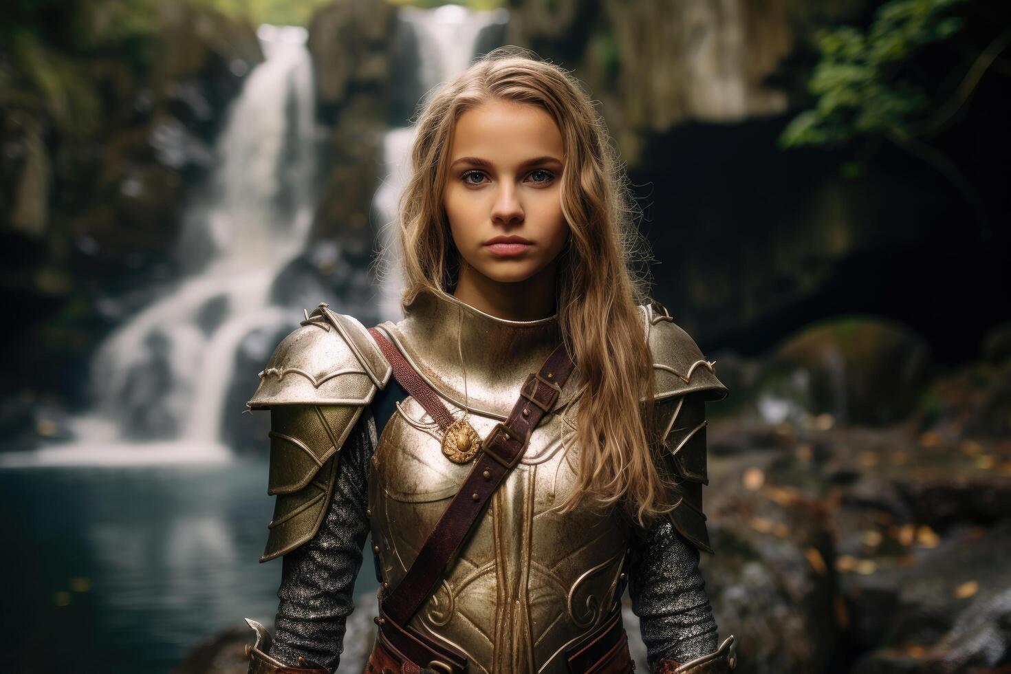 Warrior woman in fantasy armor standing in front of waterfall photo