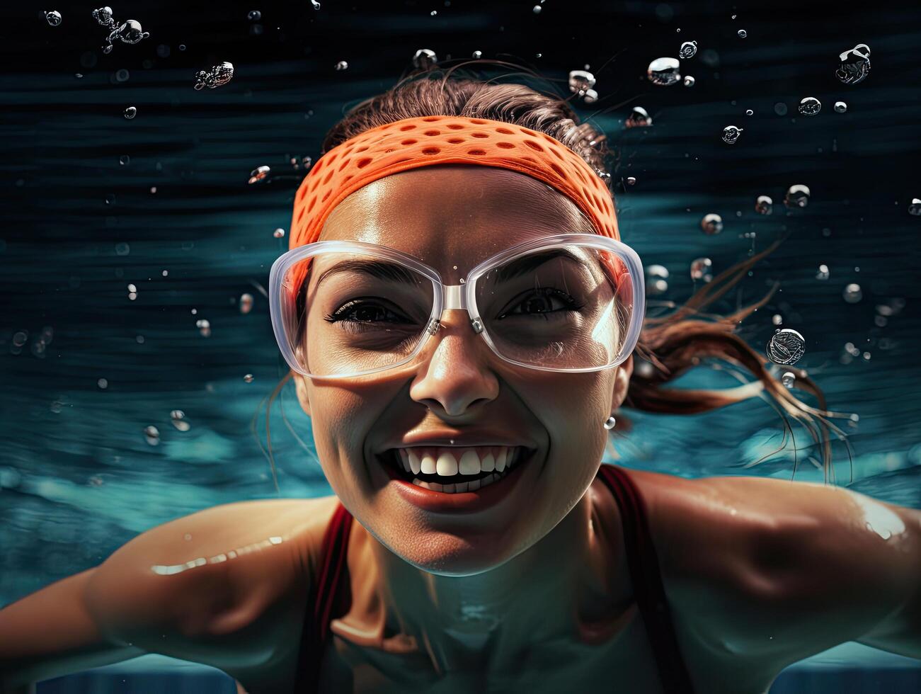 Smiling woman swimming underwater with goggles photo