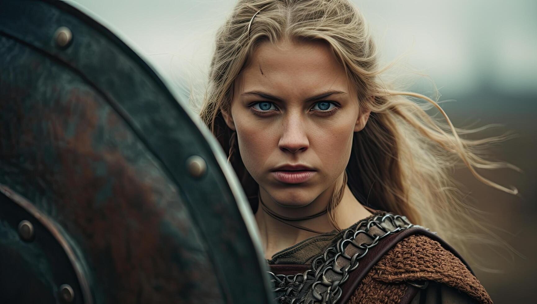 fierce female warrior with shield photo