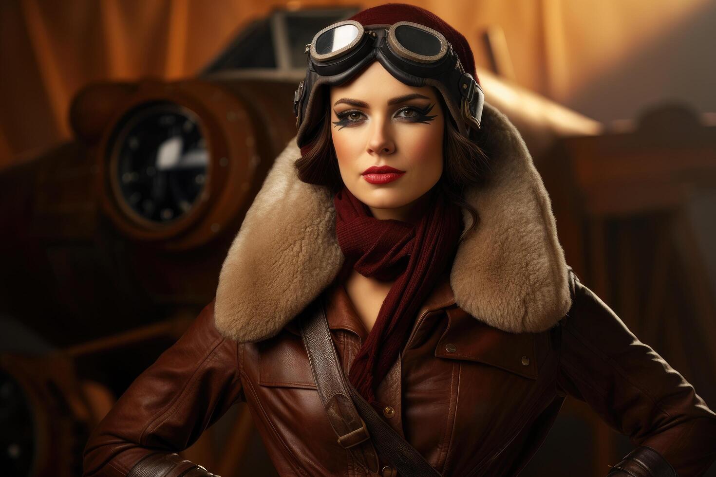Vintage aviator woman in leather jacket and goggles photo