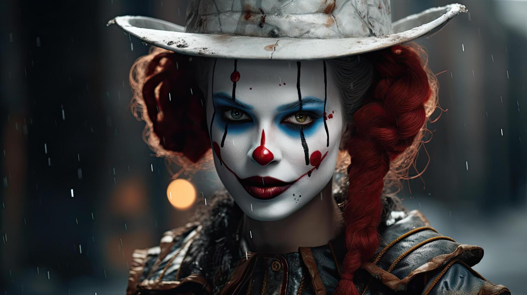 Creepy clown with red hair and makeup in the rain photo