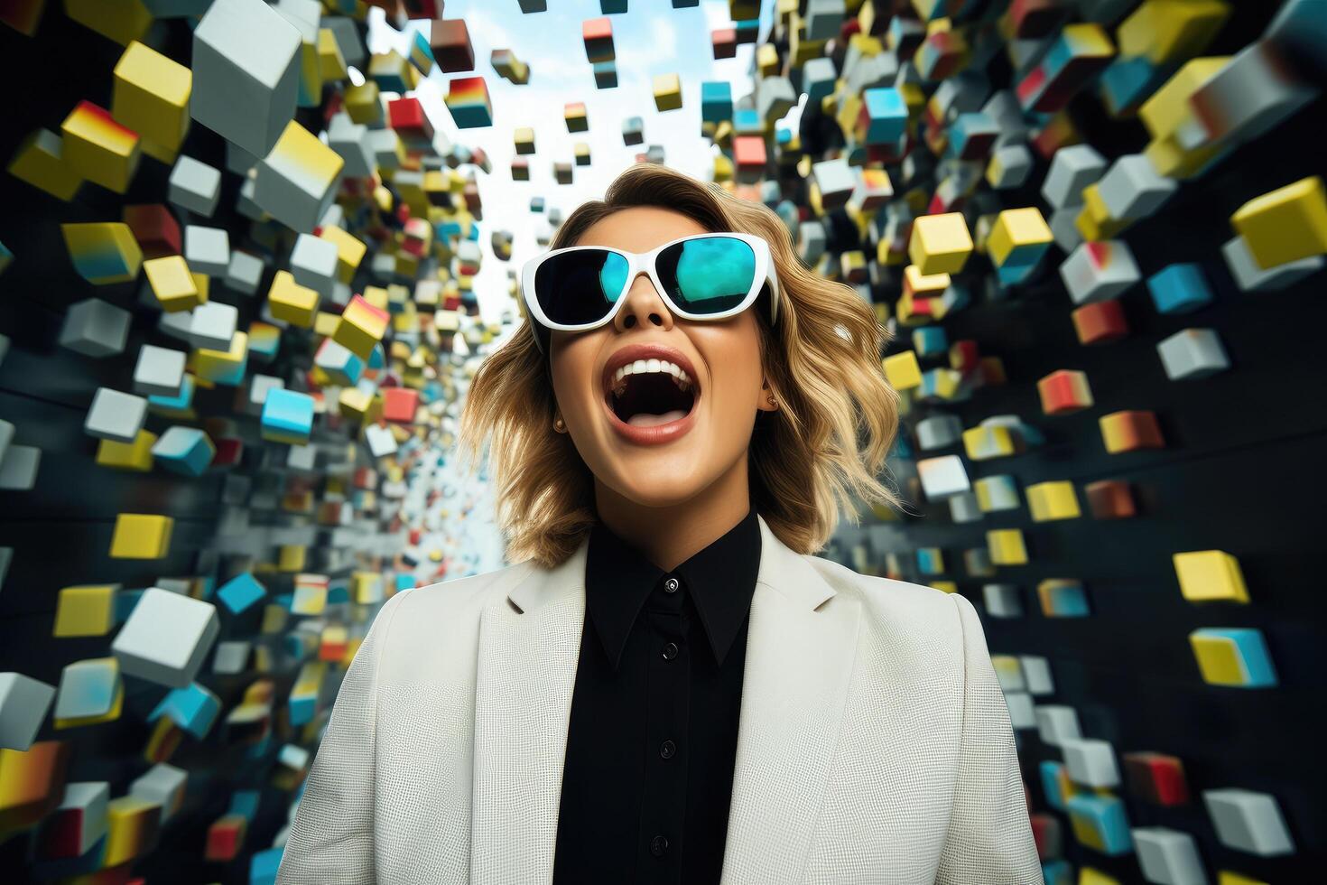 Excited woman with sunglasses in colorful abstract background photo