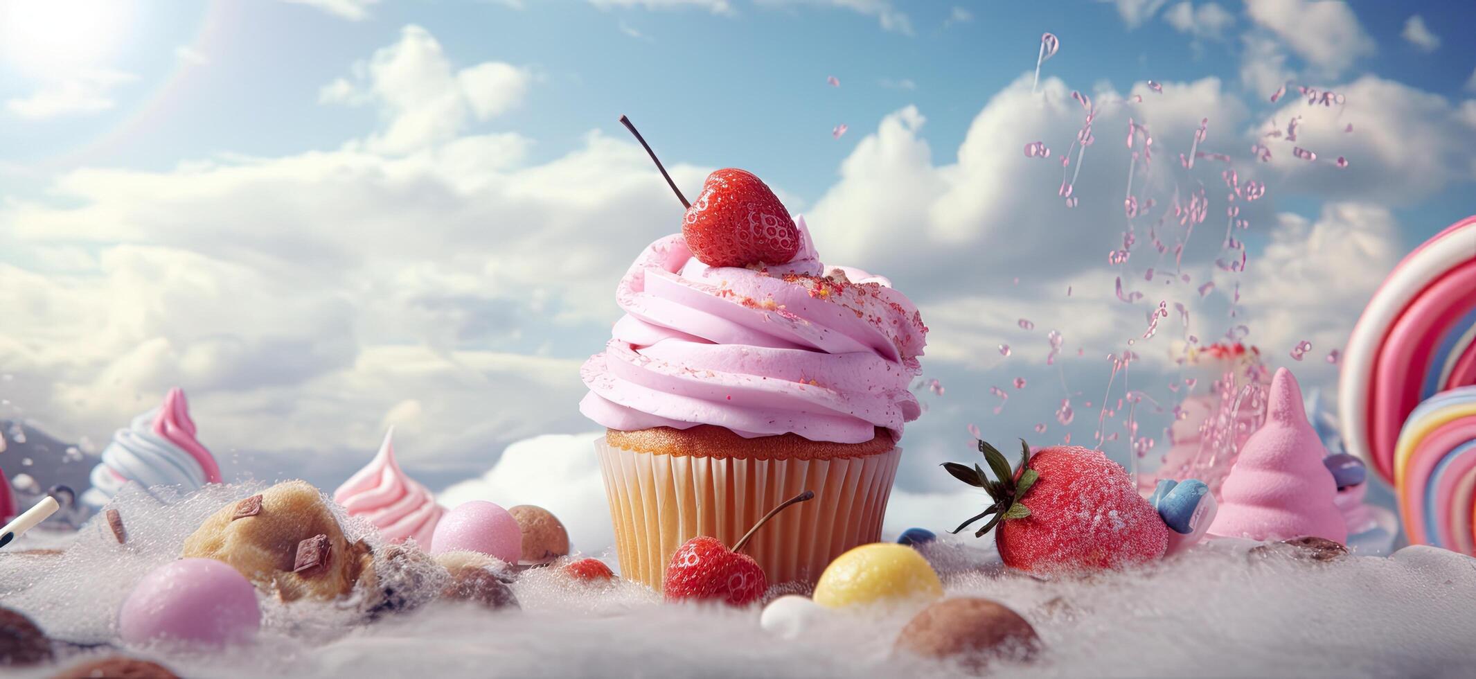 Delicious pink cupcake with strawberry and sprinkles photo