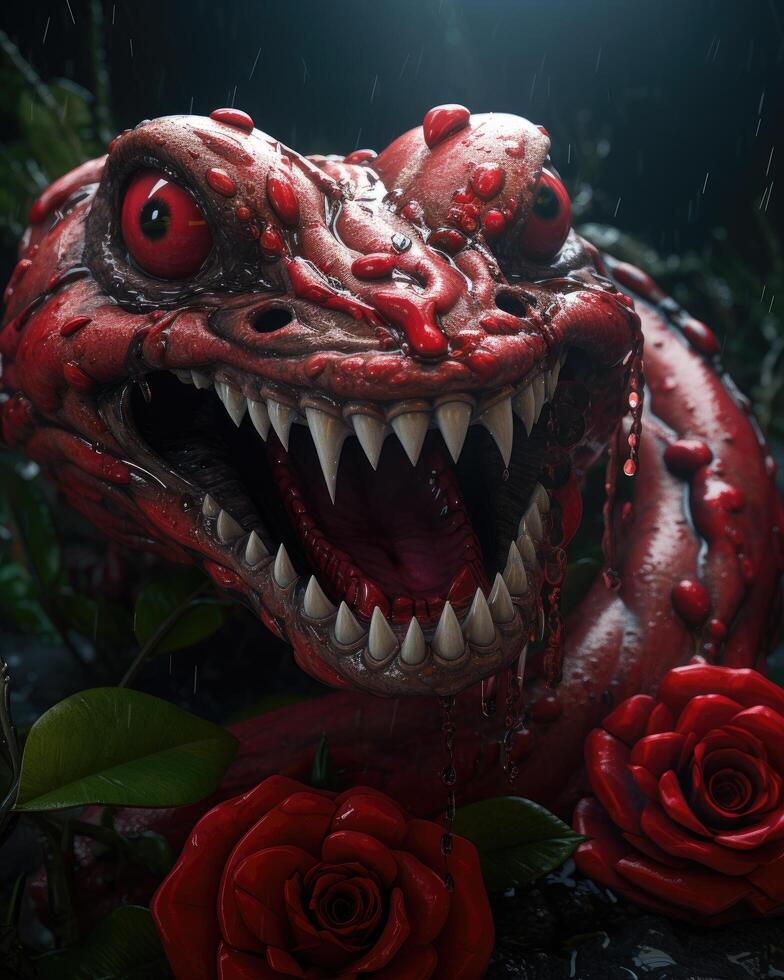Monstrous creature with red eyes and teeth surrounded by roses photo