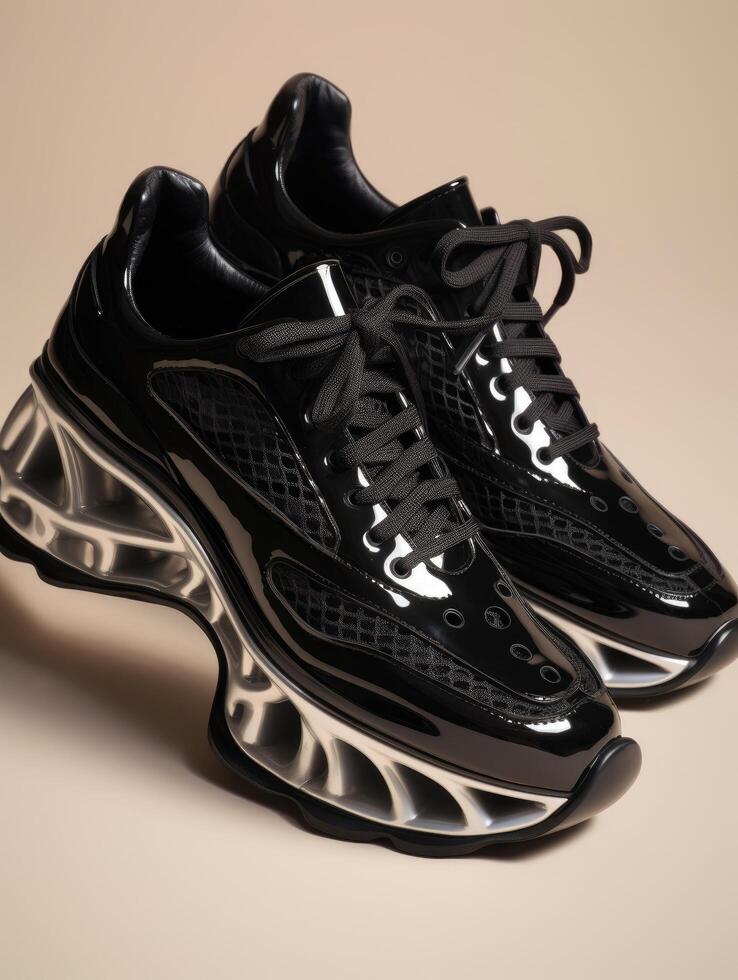 Futuristic black sneakers with unique sole design photo