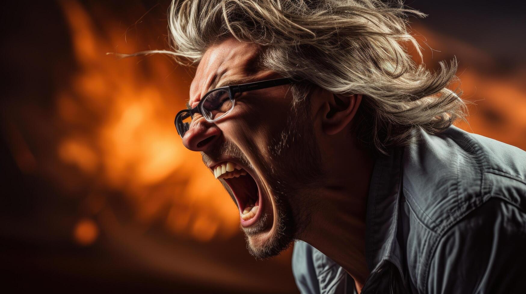 Intense emotional expression of a man with wild hair photo