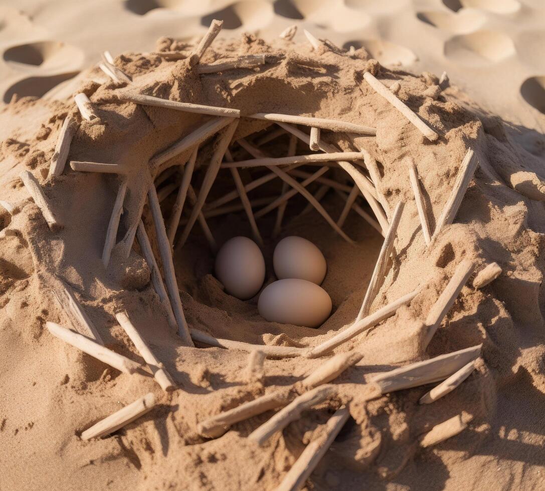 Nest with eggs in sand photo