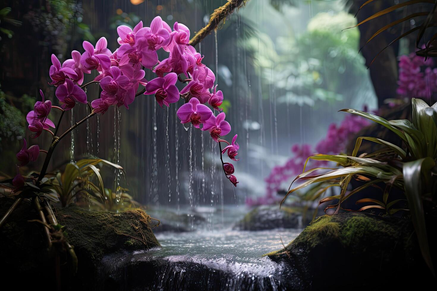 Vibrant orchids blooming in a lush tropical garden photo