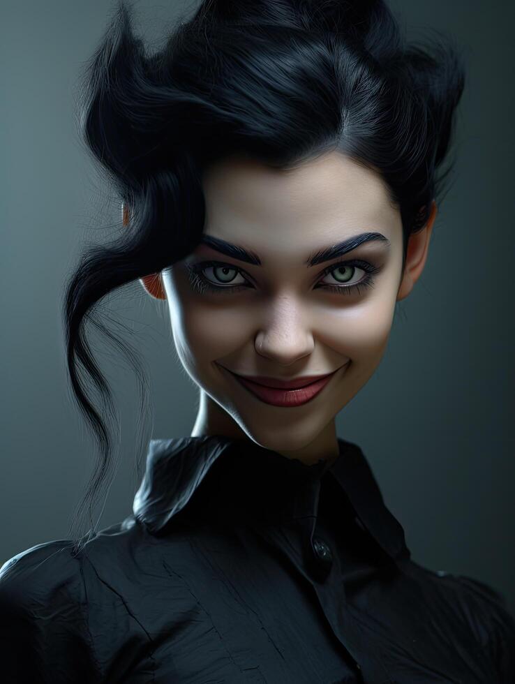 Mysterious woman with dark hair and intense gaze photo