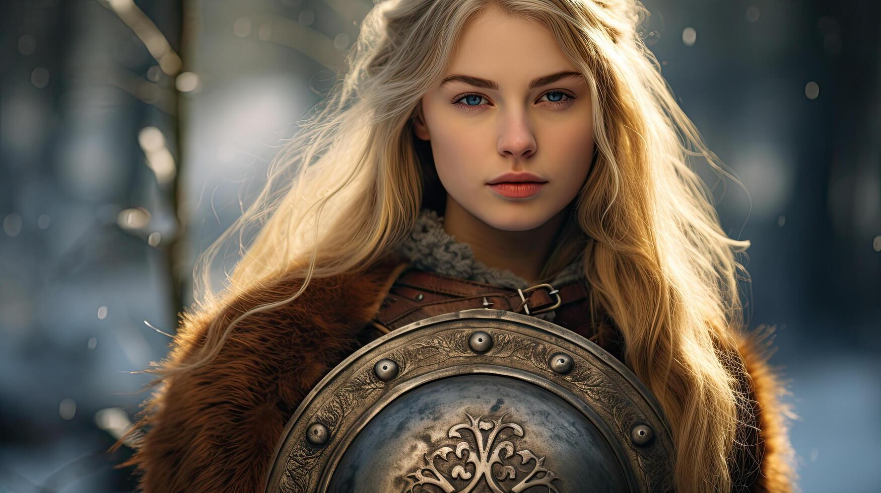 Fierce female warrior with shield in winter landscape photo