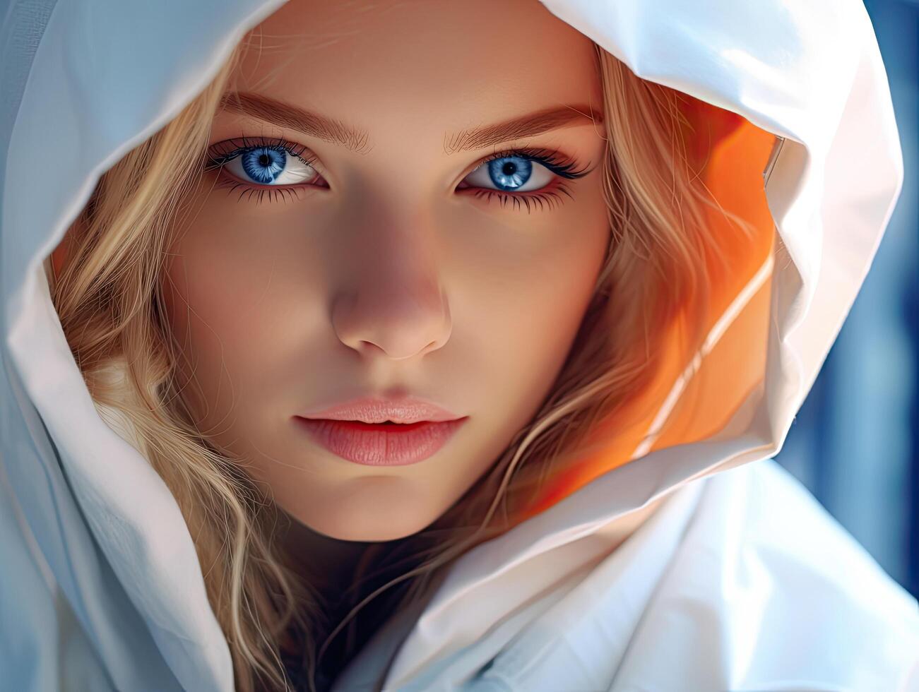 Mysterious woman with striking blue eyes photo
