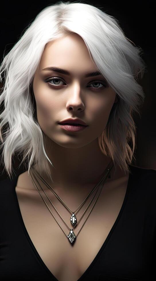 Dramatic portrait of a woman with striking white hair photo