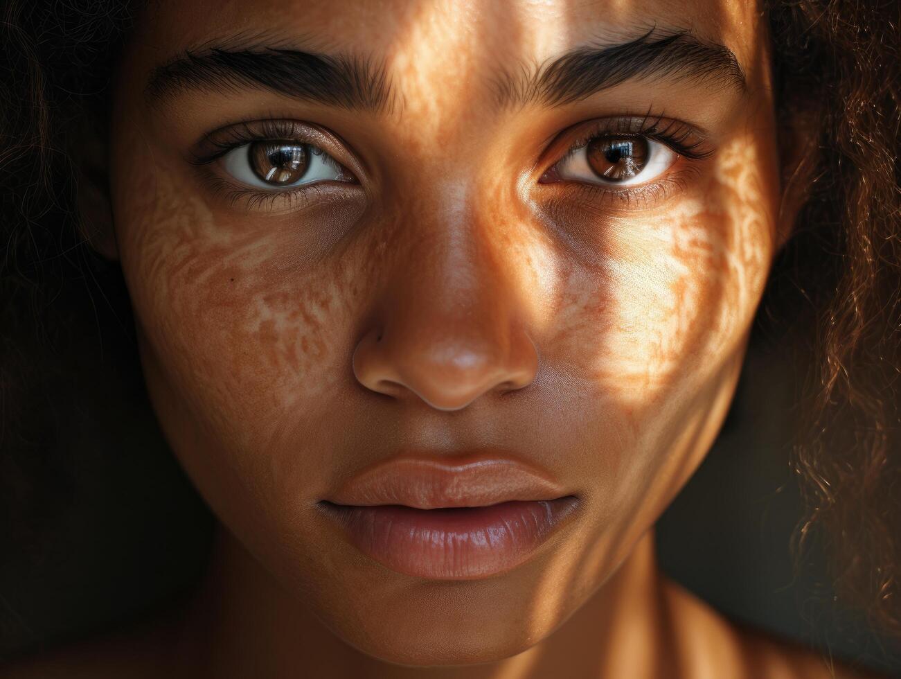 Intense gaze of a young woman with striking features photo