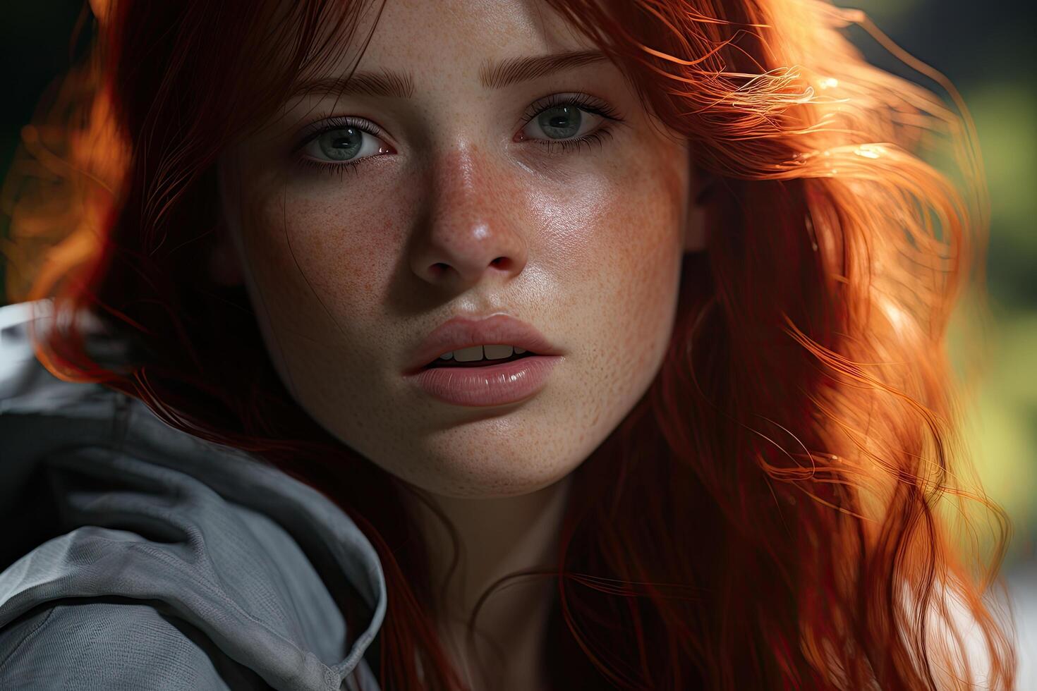 Pensive woman with vibrant red hair photo