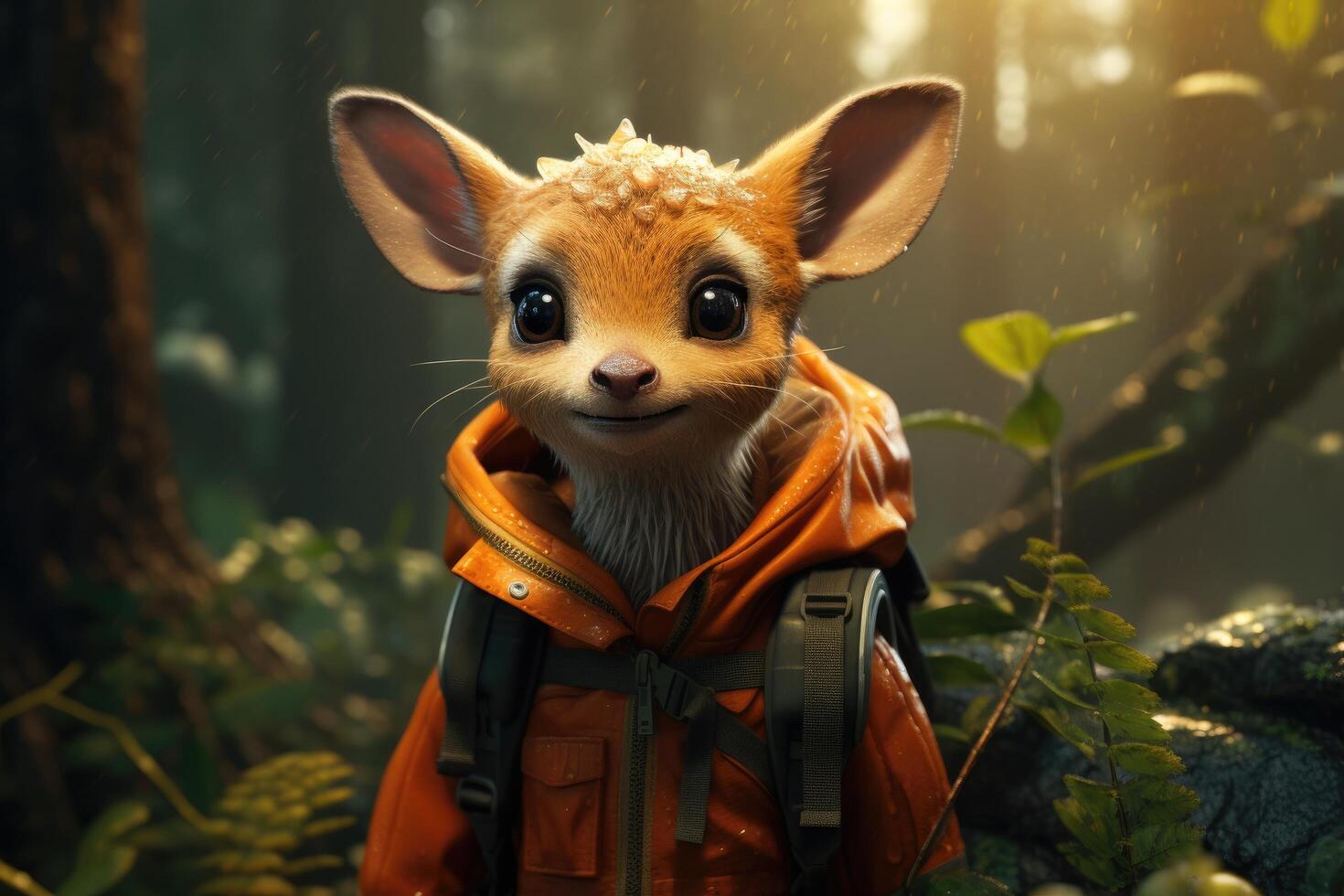 Adorable forest creature in orange raincoat photo