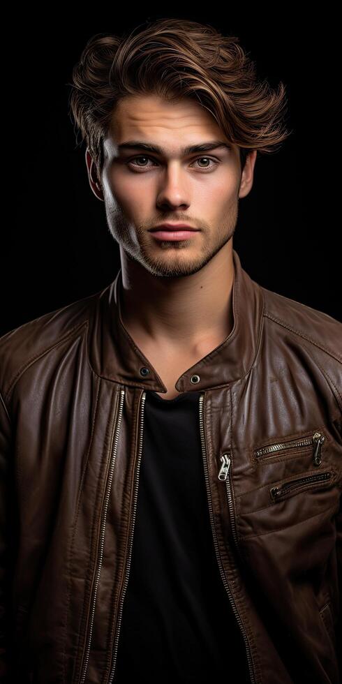 Handsome young man with stylish hairstyle and leather jacket photo