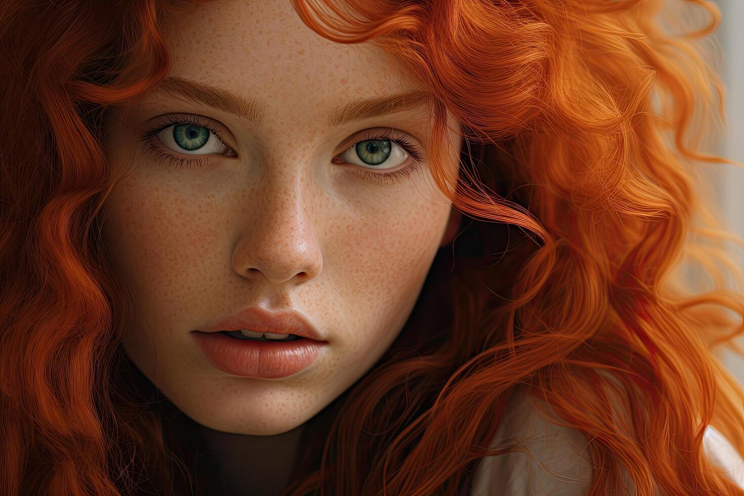 Captivating portrait of a young woman with vibrant red hair and striking blue eyes photo
