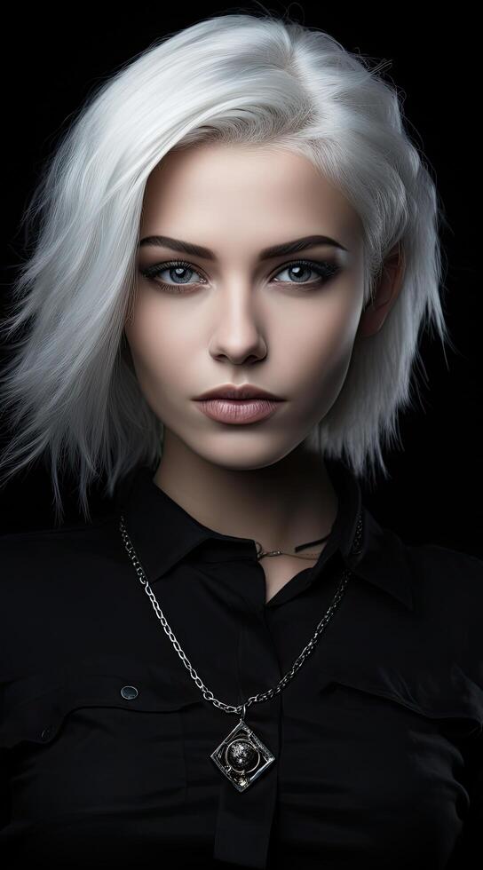 Dramatic portrait of a woman with striking white hair and dark makeup photo