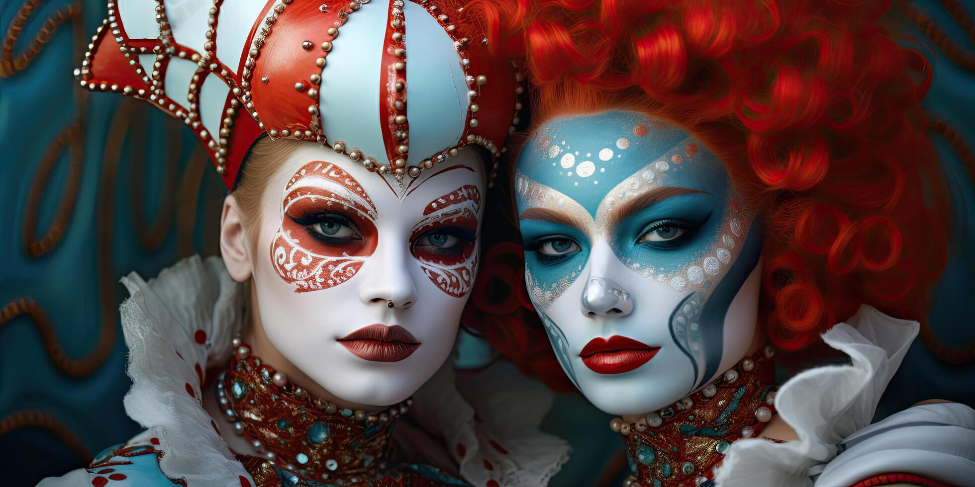 Vibrant costumed figures with intricate masks and makeup photo