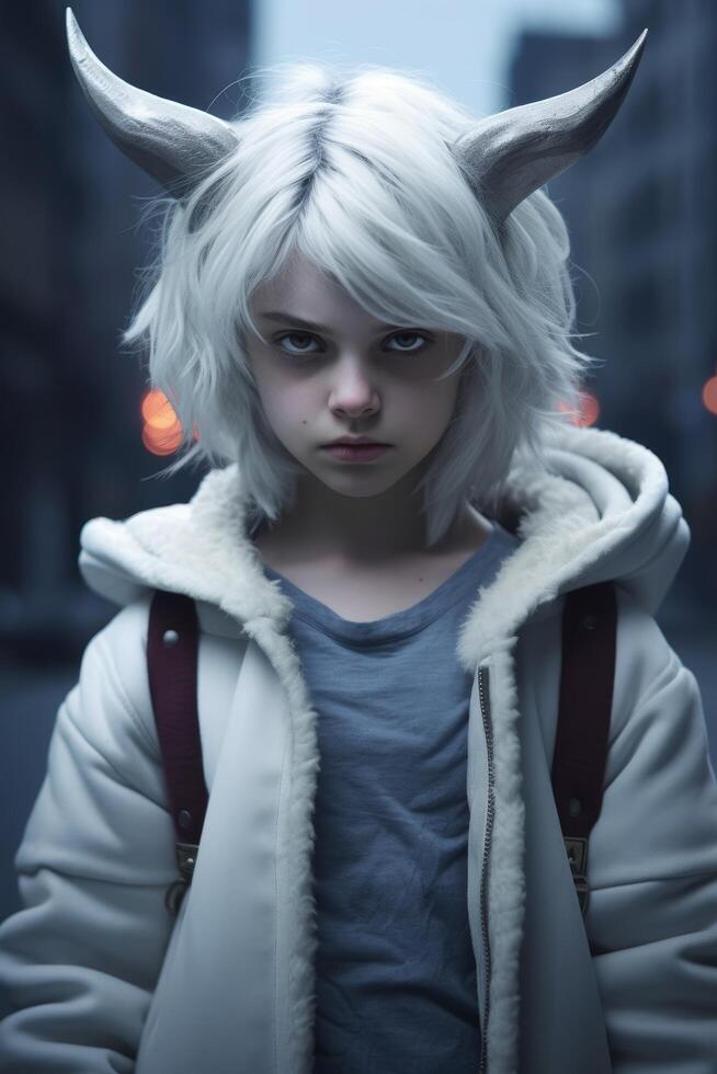 Mysterious white haired girl with horns photo