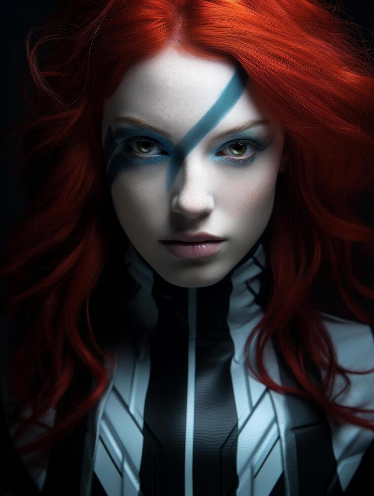 Intense redhead woman in dark outfit photo
