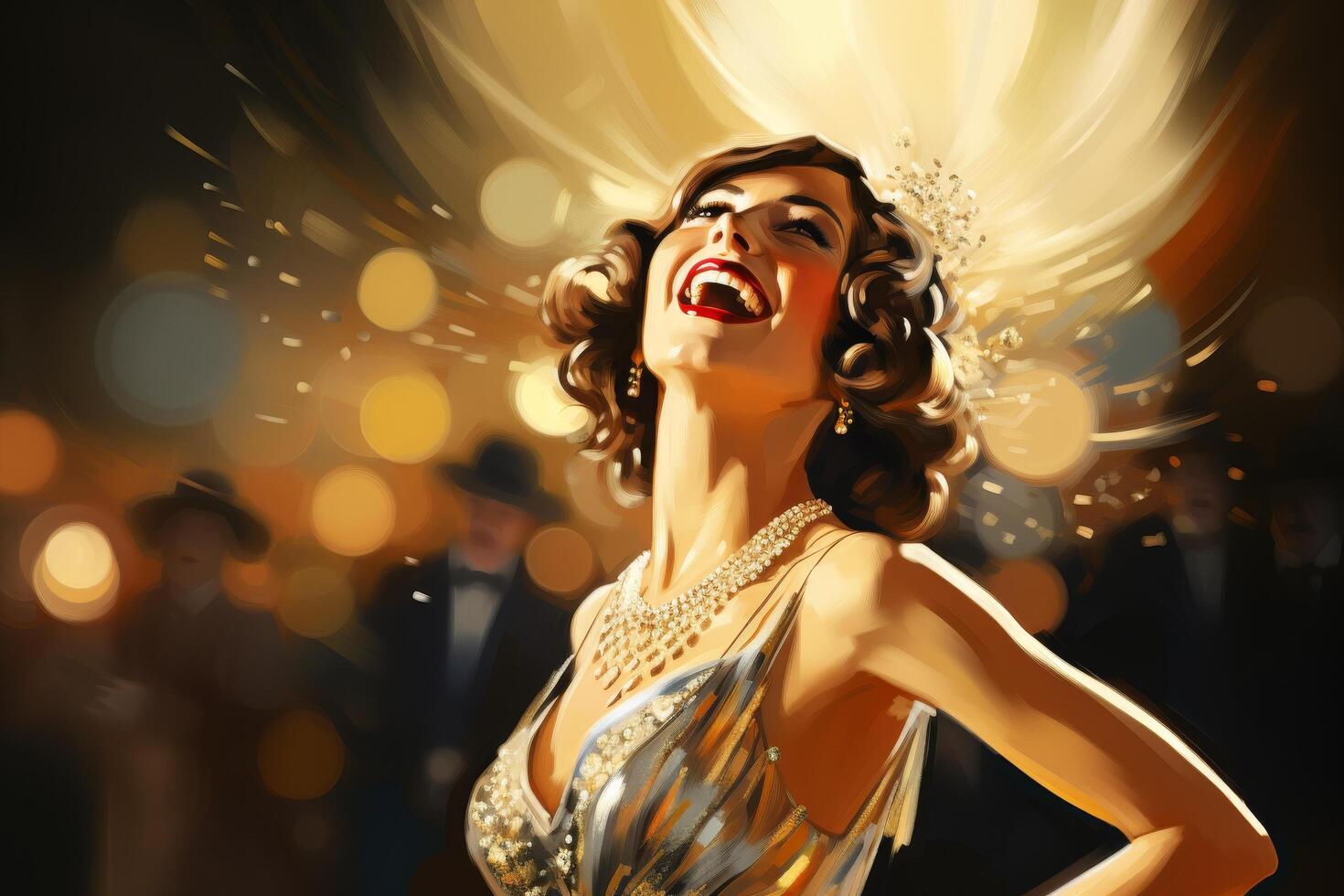 glamorous woman in golden dress laughing photo