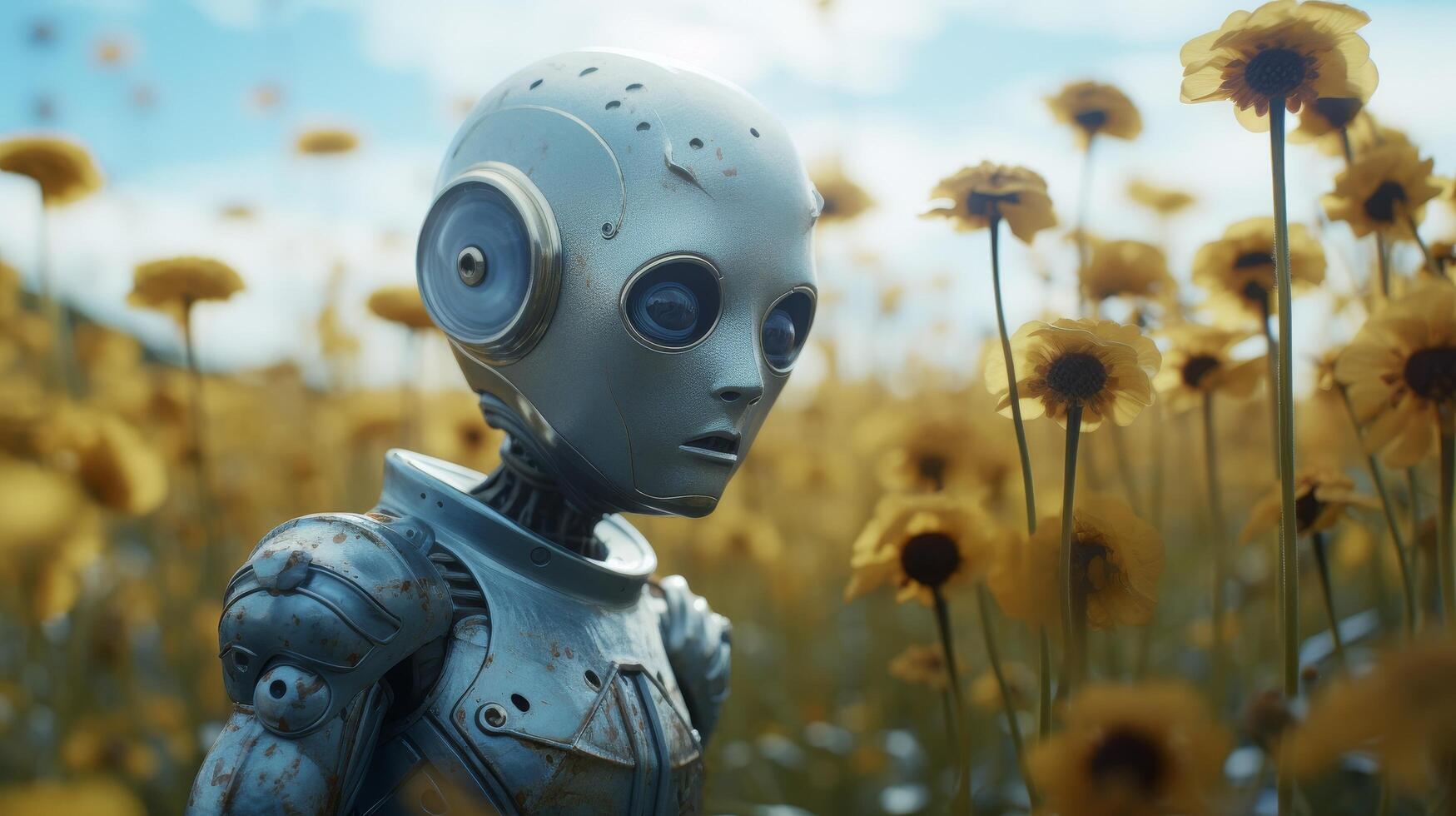 futuristic robot in a field of sunflowers photo