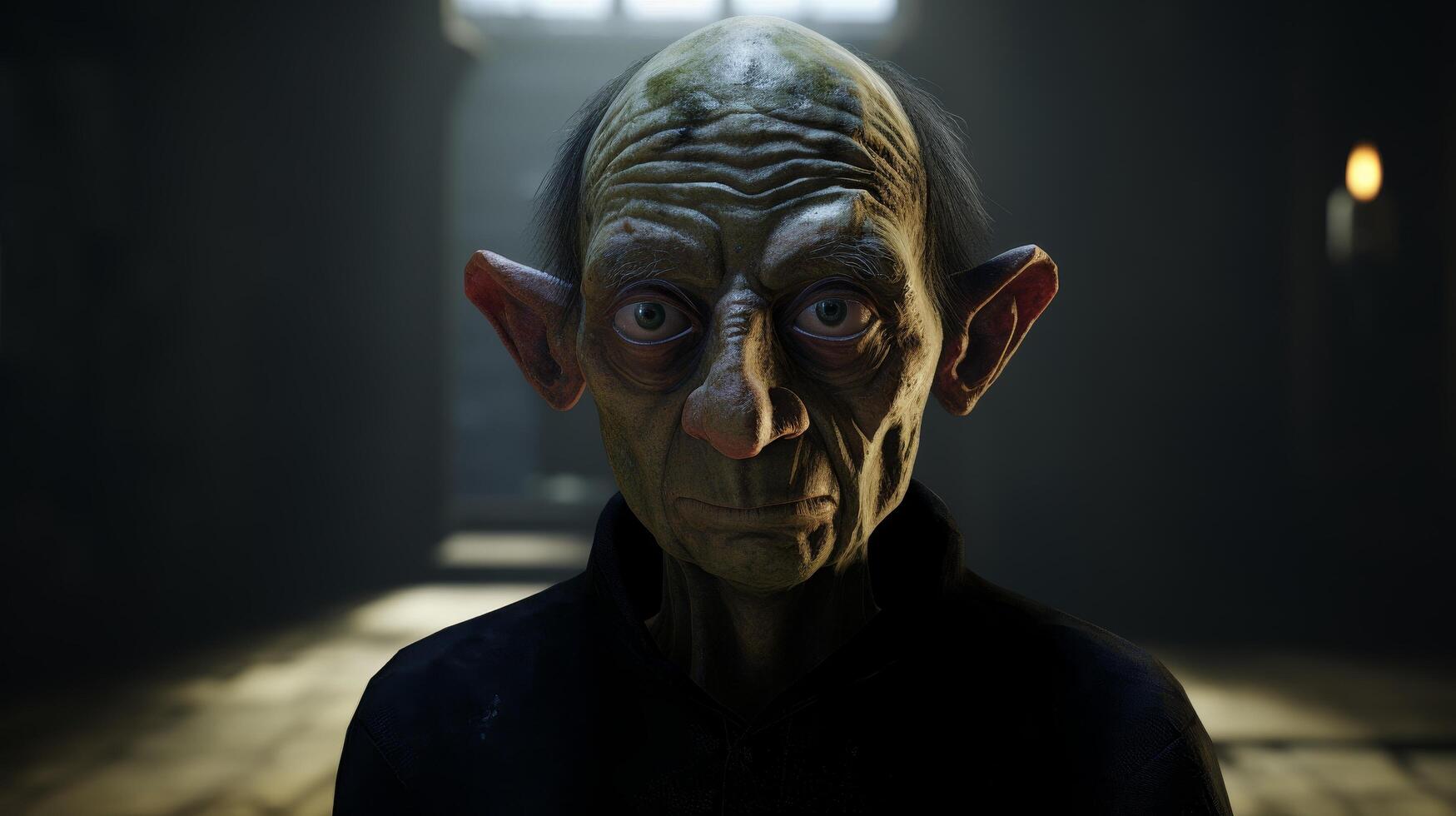 Mysterious fantasy creature with large eyes and wrinkled skin photo