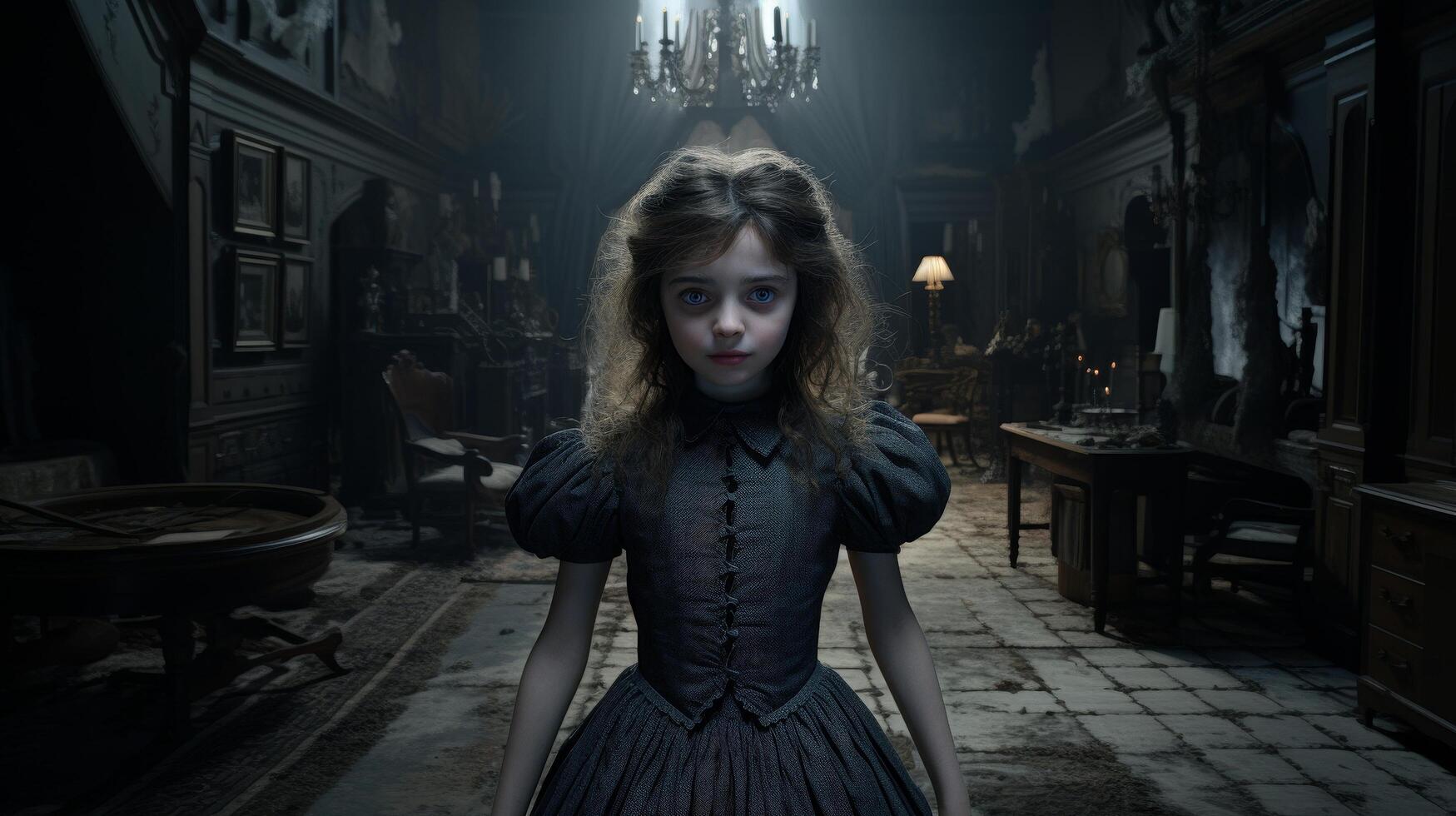 young girl in dark victorian style dress standing in a dimly lit room photo