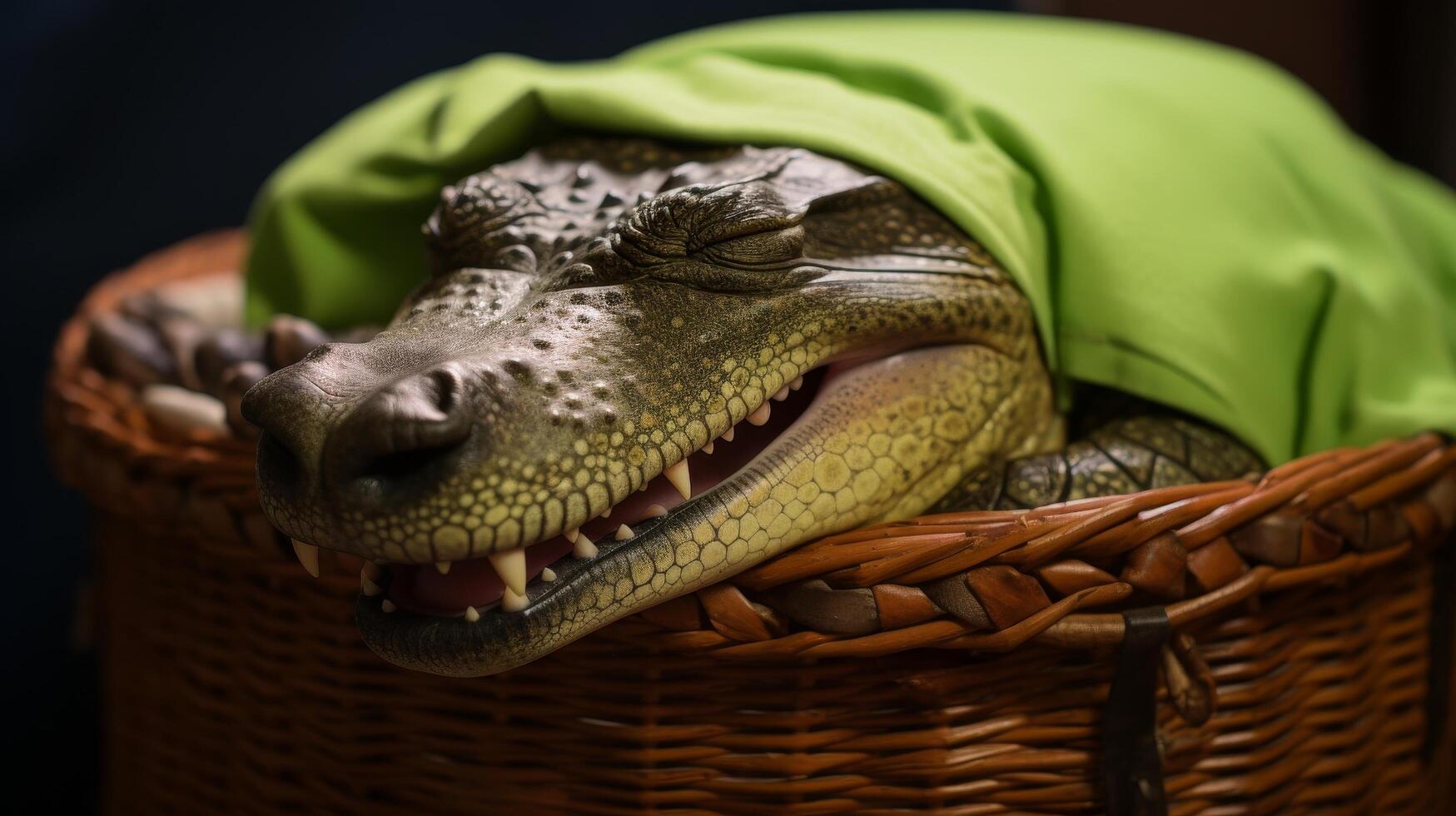 Crocodile in a basket with green cloth photo