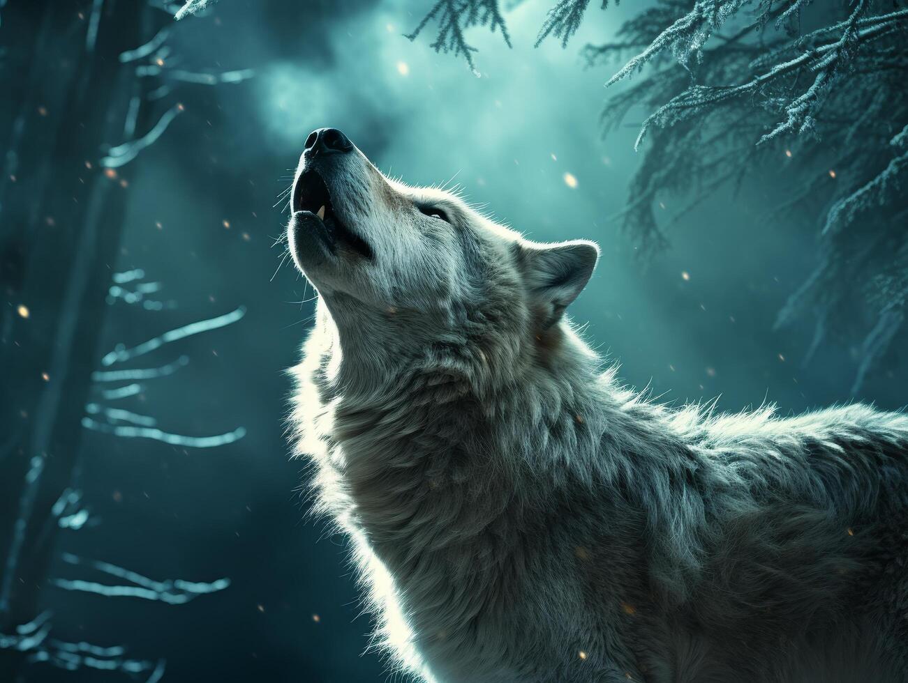 Howling wolf in snowy forest photo