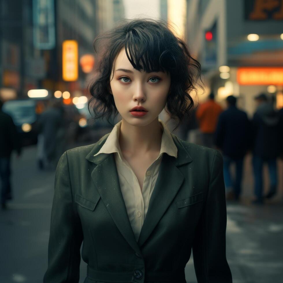 young woman in city street at night photo